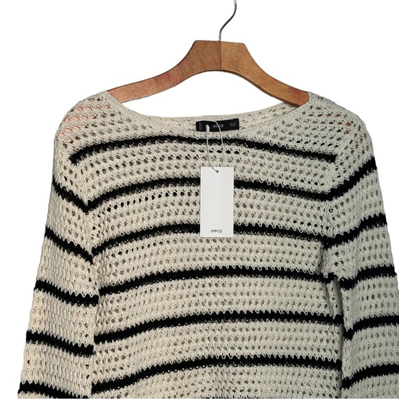 NWT MANGO Black Cream Striped Openwork Sweater S - Picture 3 of 11